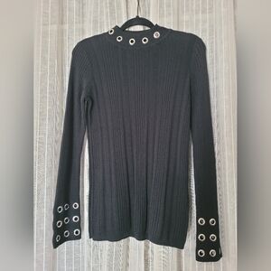 INC International Concepts Black Ribbed Knit Silver Grommet Sweater Size M